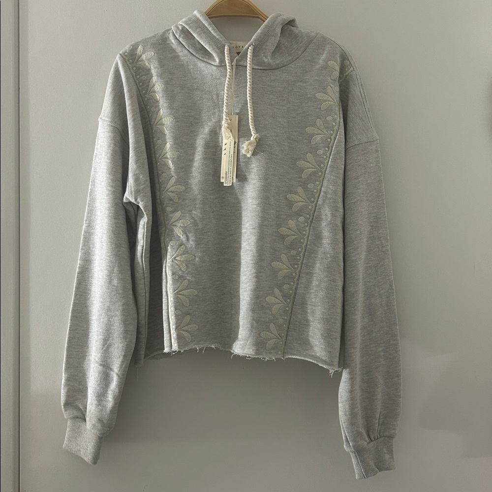 🆕 Gray Embroidered Hoodie Cropped, Raw Edge, Rope Drawstring